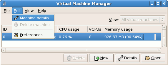 Displaying Virtual Machine Details Menu