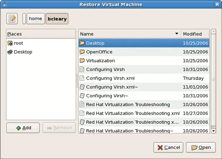 Selecting Saved Virtual Machine Session