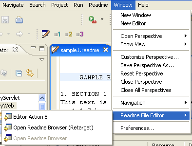 Readme File Editor menu with actions enabled