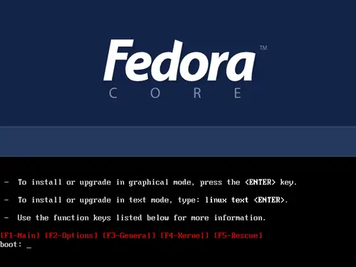 
	    Fedora Core boot screen.
	  