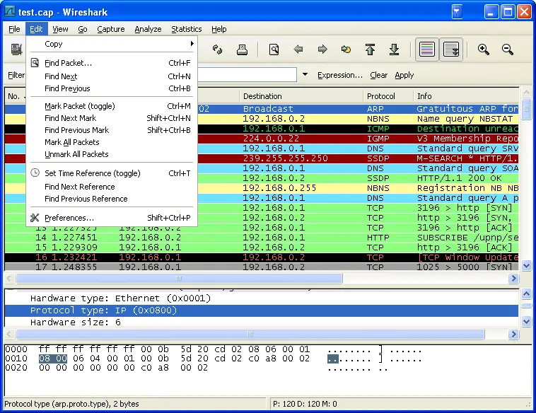 edit images. The Wireshark Edit menu contains the fields shown in Table 3.3, 