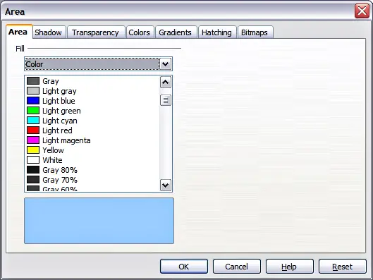 Area page of the area formatting dialog