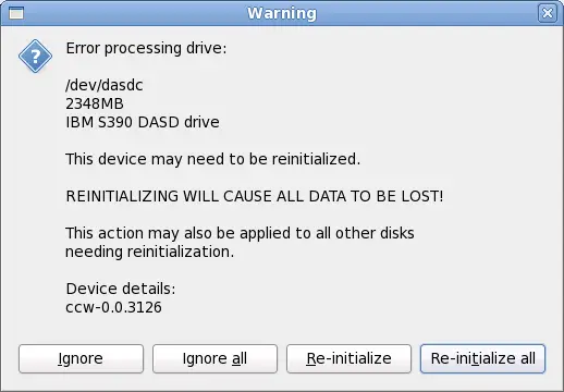 Warning screen – initializing DASD