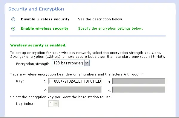 Example wireless encryption configuration web page