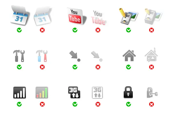 Side-by-side examples
of good/bad icon design.