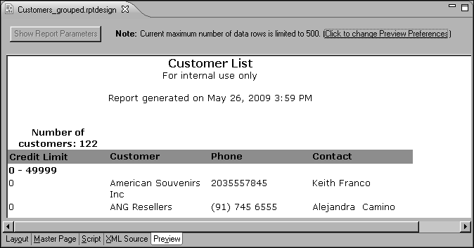 Figure 8-22 Report preview showing a total number of customers
