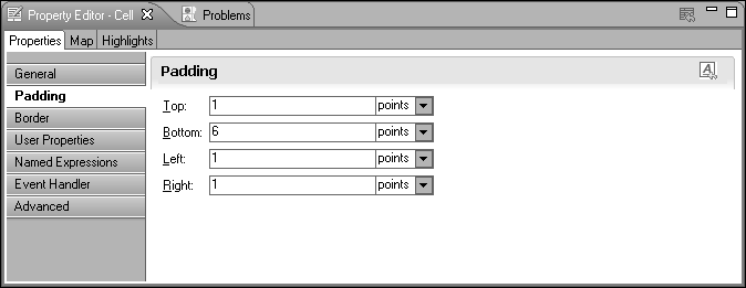 Figure 8-26 Property Editor showing padding values for selected cells
