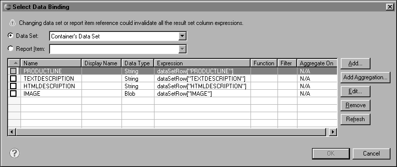 Figure 5-6 Select Data Binding showing column bindings