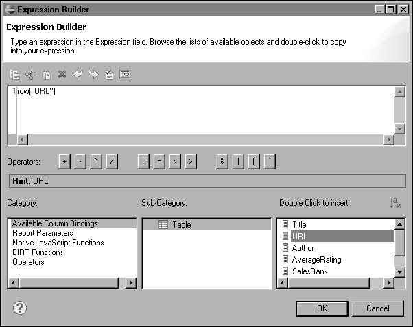 Figure 5-4 The expression builder showing a selected data set field that stores the URLs to images