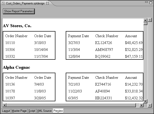 Figure 13-1 Customers master report including order and payment subreports