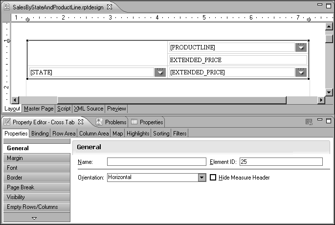 Figure 17-13 Property Editor displays the general properties of the selected cross tab