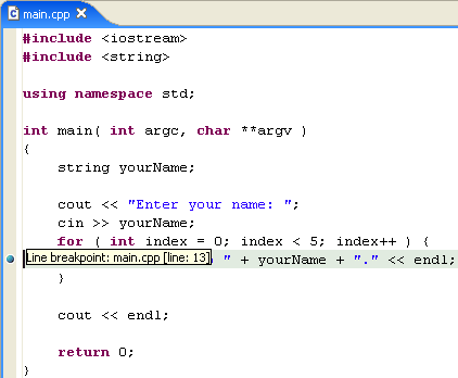 Editor view with cursor highlighting breakpoint