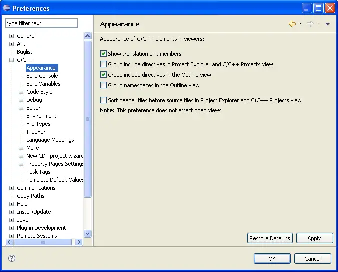 Screen Capture of the C/C++ Appearance Preferences dialog box