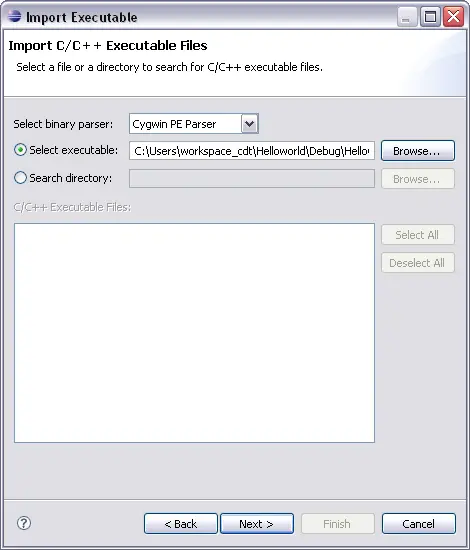 Import Executable dialog