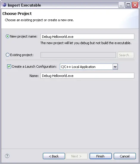 Import Executable dialog