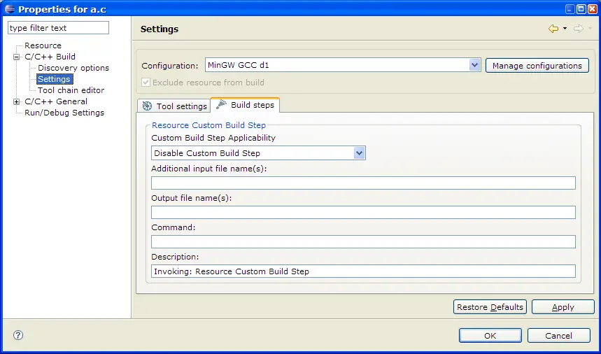 C/C++ File Properties, Build, Settings, Build Steps tab