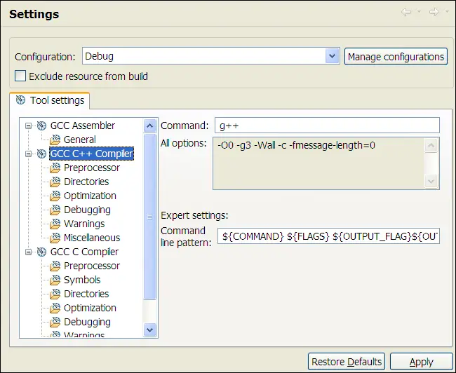 C/C++ Folder Properties, Build, Settings, Tool settings tab