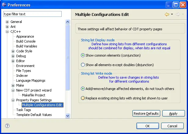 Multi-Configuration Edit preferences tab