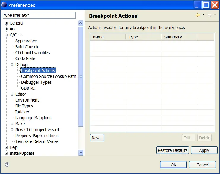 Breakpoint Actions preference dialog
