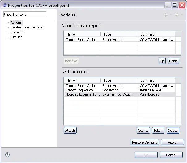 Actions page in Breakpoint Properties Dialog Box