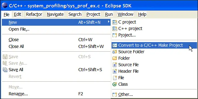 File New Menu showing Convert to a C/C++ Make Project