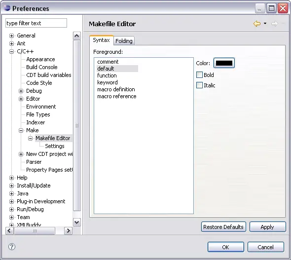 Makefile Editor Syntax tab