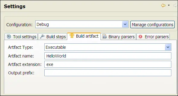 C/C++ Properties, Build, Settings, Build Artifact tab