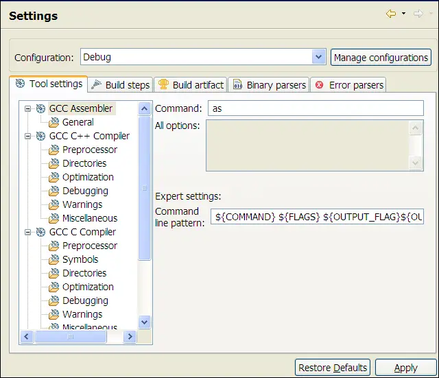 C/C++ Project Properties, Build, Settings, Tool Settings tab