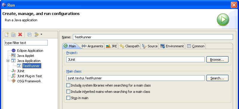 Launch configuration dialog showing the Main tab
