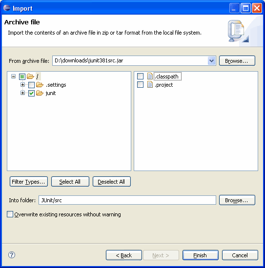 Import archive wizard