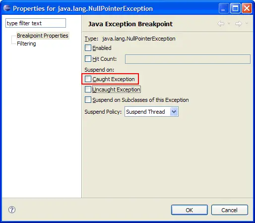 Exception breakpoint caught option