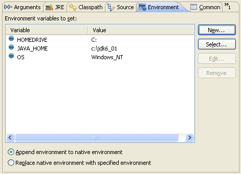 Environment tab in the launch configuration dialog