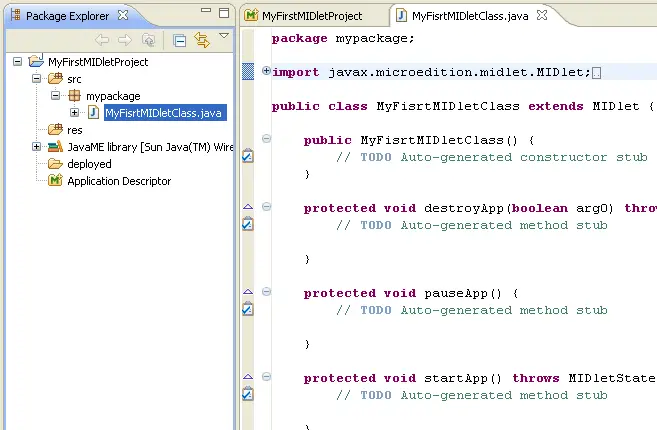 The new Java ME MIDlet Class is created in the workspace