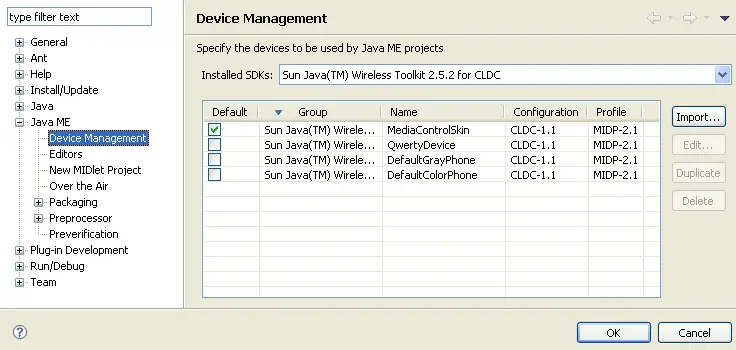 Device Management preference page with the newly instaled SDK devices