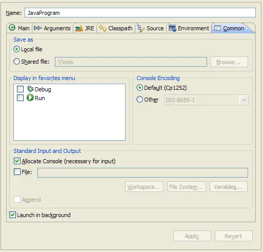 Launch configuration tabs