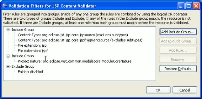 screen capture
of the validation filters panel showing include and exclude groups