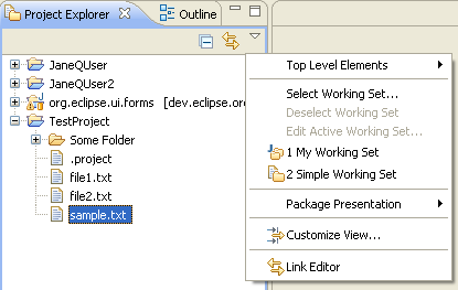 Project Explorer view menu, arrow pulldown
