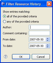 Filter Resource History dialog