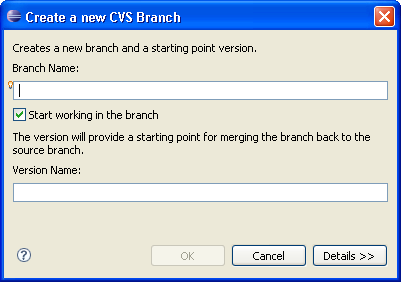 Create a new CVS Branch dialog
