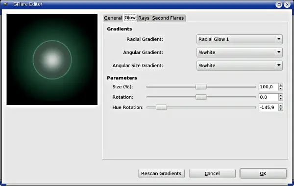 Gradient Flare Editor options (Glow)