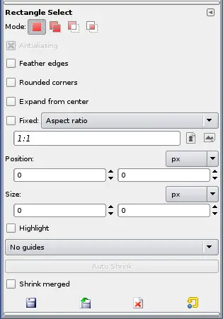 Tool Options dialog for the Rectangle Select tool