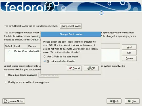 Change boot loader dialog
