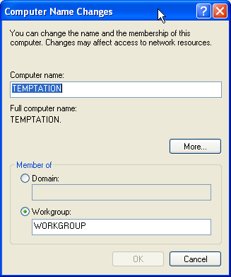 The Computer Name Changes Panel.
