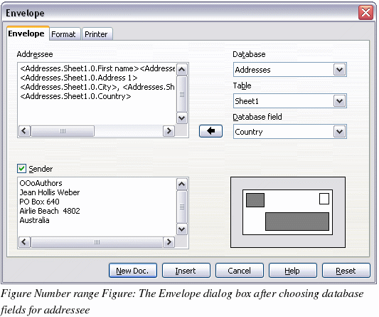 Как напечатать конверт в OPENOFFICE. Database fields