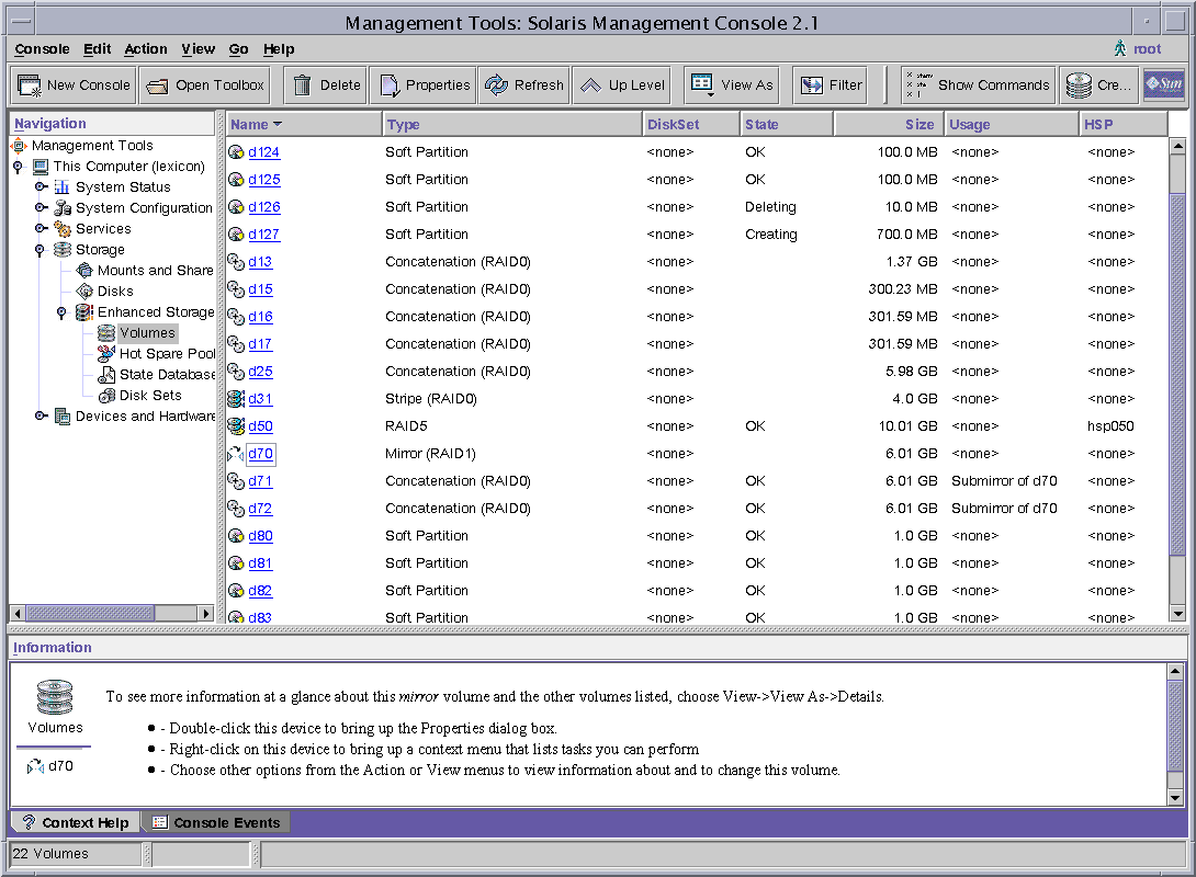 Screen capture shows the Enhanced Storage tool. Components are listed at the right, with the various Solaris Volume Manager tools at the left. 