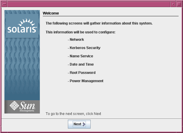 This screen capture shows the GUI Welcome screen. This screen lists the information the installation program needs to configure the system.