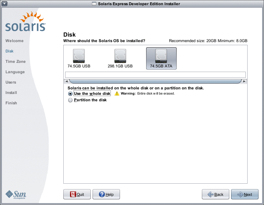 This panel enables you to choose whether to partition the disk or install to the entire disk.