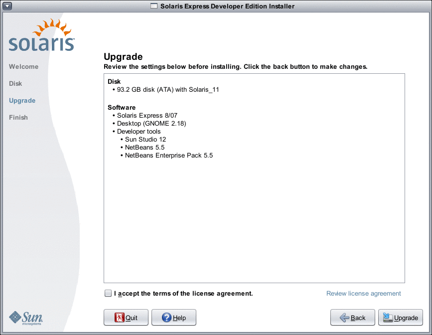 This panel enables you to review and confirm upgrade specifications and the license agreement.