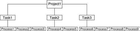 Diagram shows one project with three tasks under it, and two to four processes under each task.