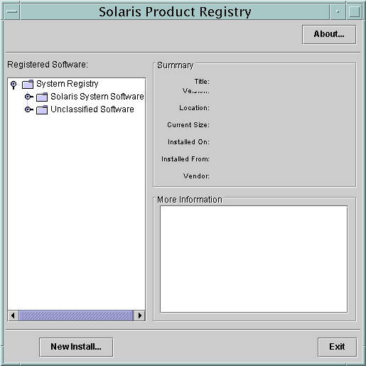Simple screen capture titled Solaris Product Registry. Shows the Registered Software, Summary, and More Information panes.